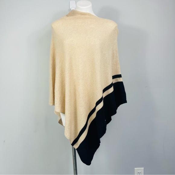 PURE Collection 100% Cashmere Poncho Cozy Wrap Beige Black Line Trim - Picture 5 of 12
